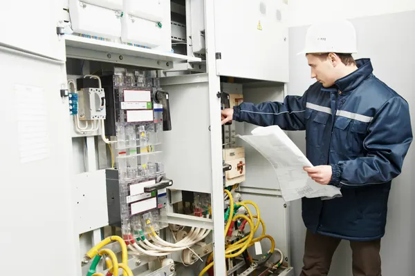 Technicien relevant une armoire électrique lors d'un audit