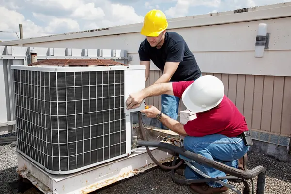 Techniciens intervenant sur un groupe de climatisation en toiture